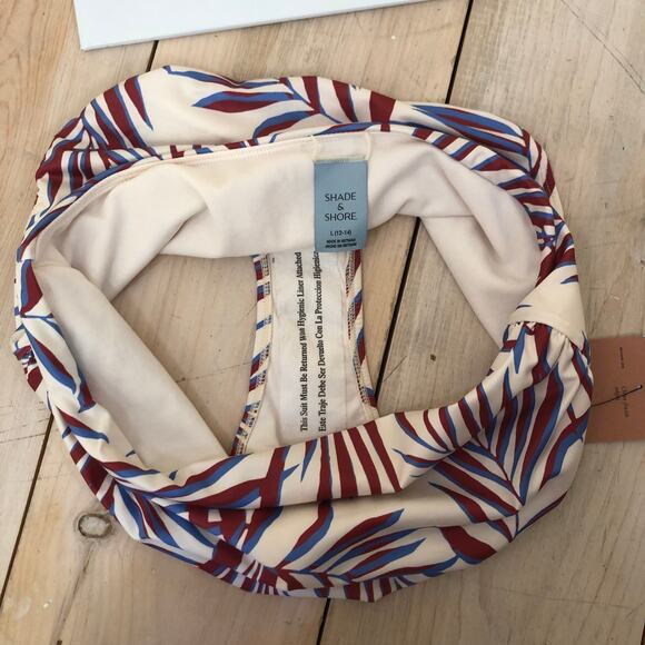 Shade & Shore NWT Women's Shirred High Waist Bikini Bottom Palm Blue Burgundy L - Picture 6 of 9